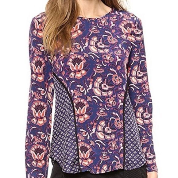 Veronica Beard blouse Sz 0 100% silk plum floral batik print seamed long sleeve - Picture 1 of 10